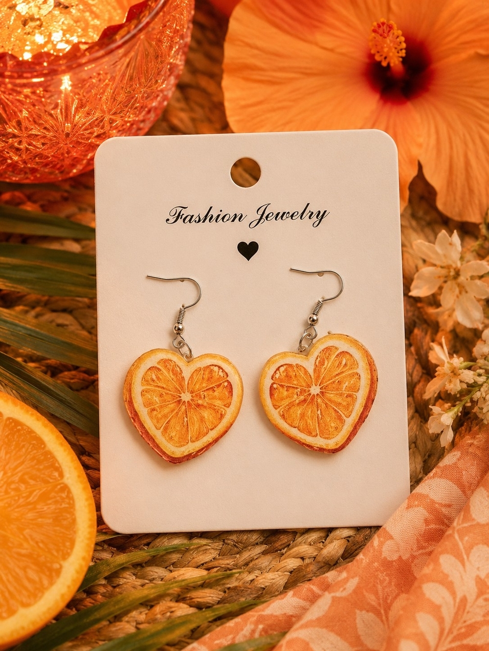 Heart Orange Slice Dangle Earrings New